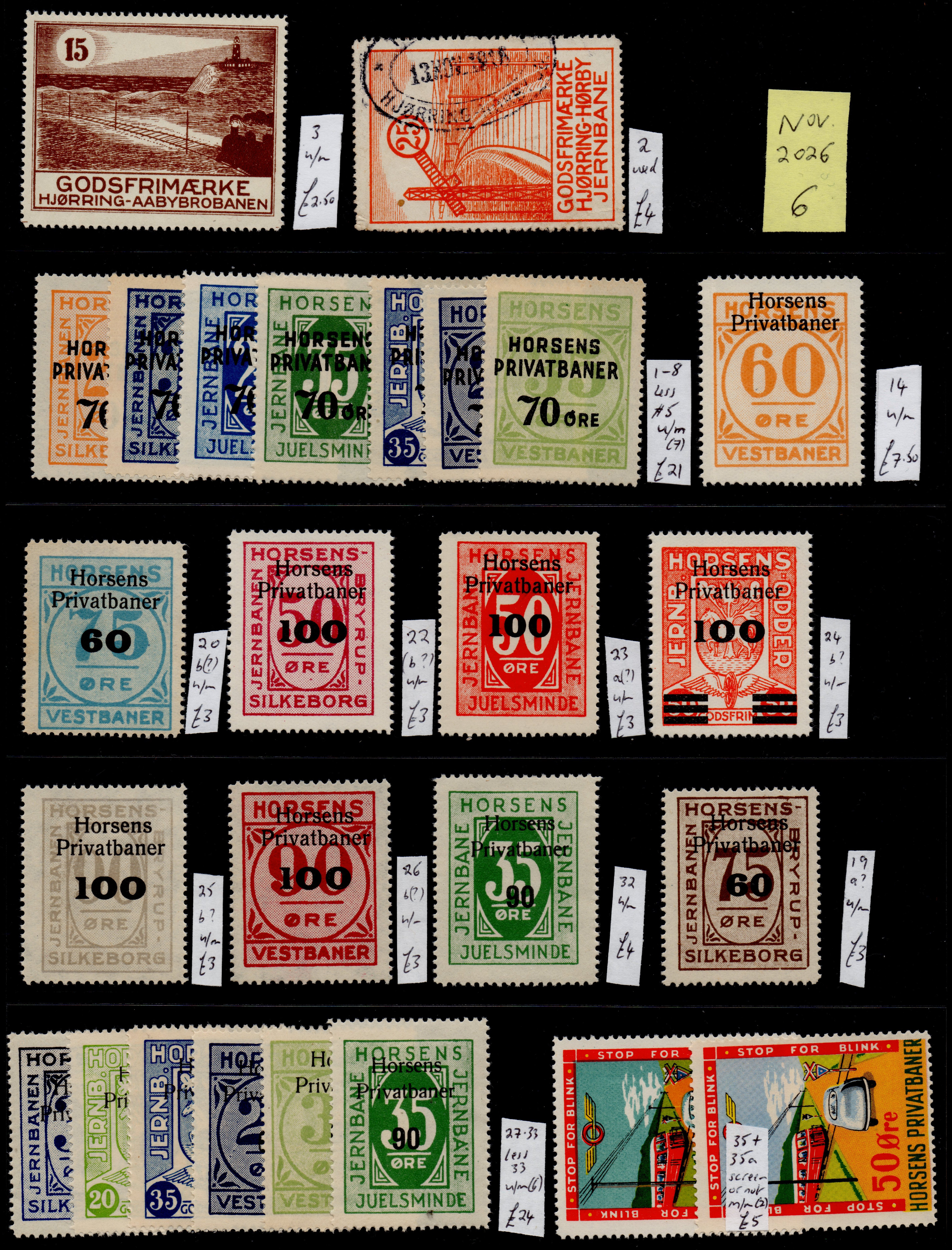 Denmark Danish Railway Parcel Stamps - Hjorring-Aabybrobanen; Hjorring-Horby Jernbane; Horsens Privatbaner